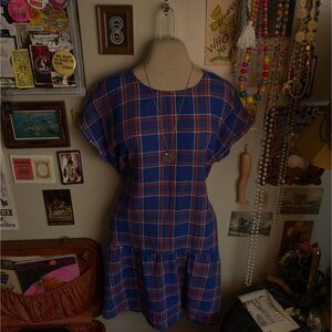 Tartan Plaid Mini Shirt Dress Women's Large Blue Red Short Sleeve Drop Waist